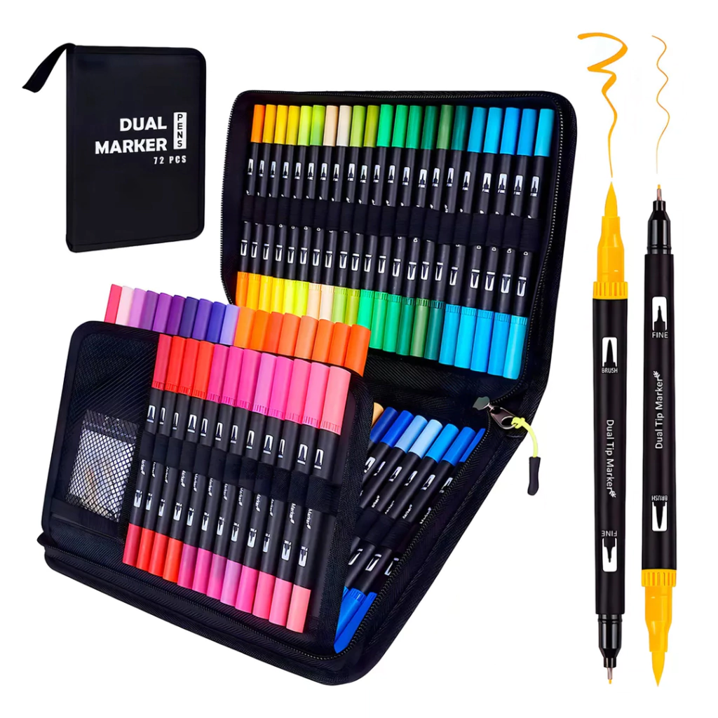 SET DE 72  fibras MARCADORES DOBLE PUNTA CON ESTUCHE