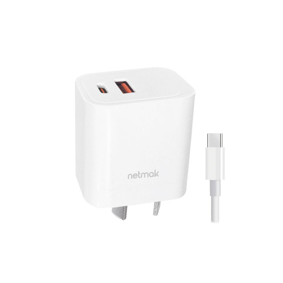 Cargador universal p/dispositivos Doble puerto -PD USB-C + QC USB -20W -c/cable USB-C -white -Netmak (NM-CP28)