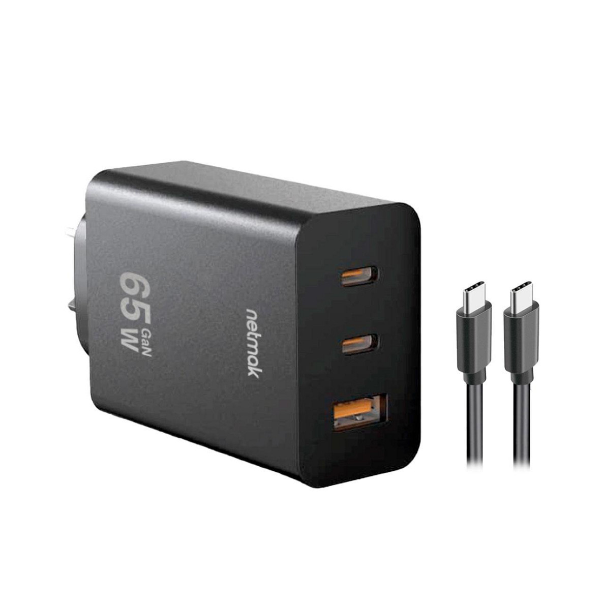 Cargador universal p/dispositivos -GaN -Tres puertos -PD USB-C 65W + PD USB-C 20W + QC USB 30W -c/cable USB-C -black -Netmak (NM-CP42)