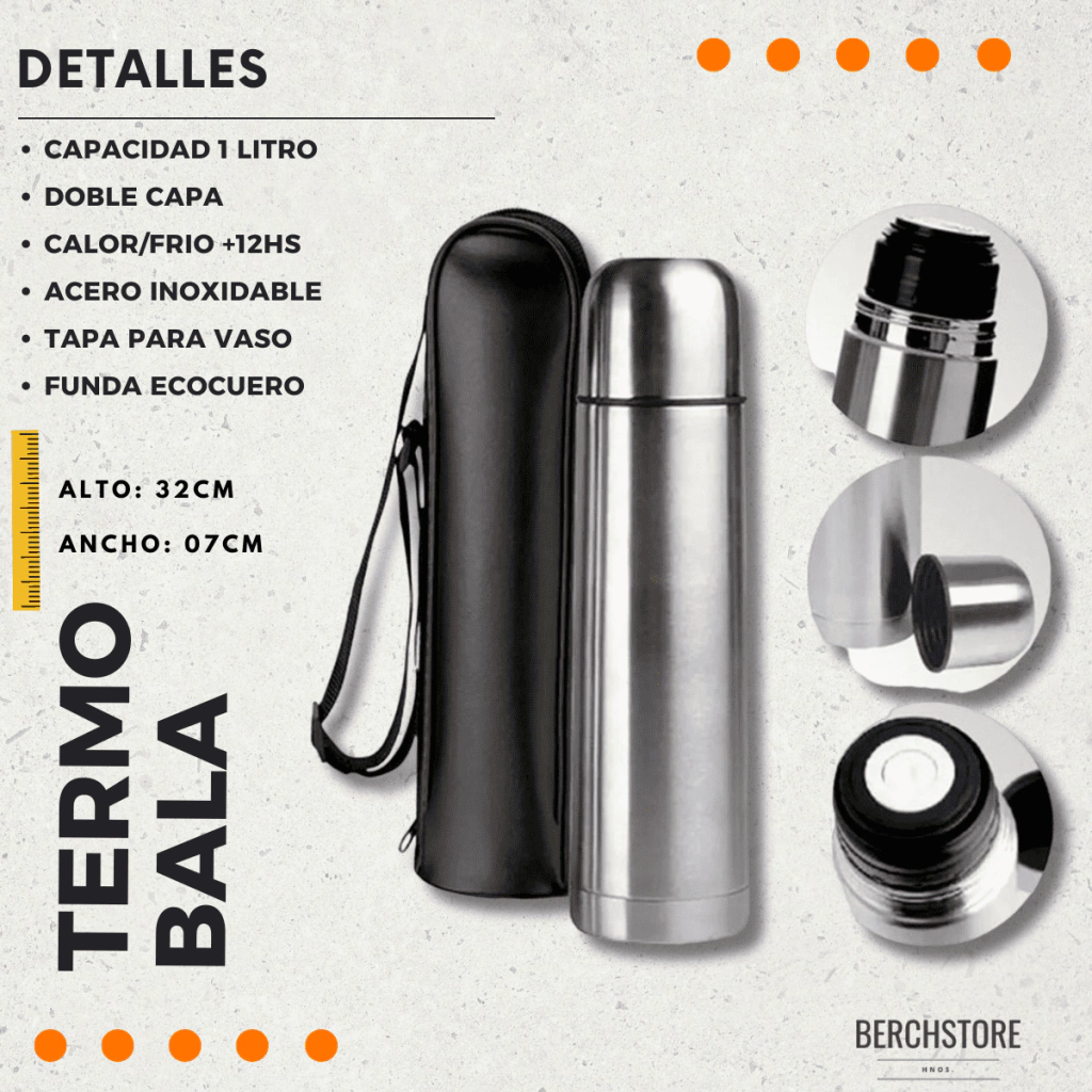 TERMO BALA ACERO INOX 1 LITRO CON FUNDA – FRÍO / CALOR – DOBLE PARED ACERO